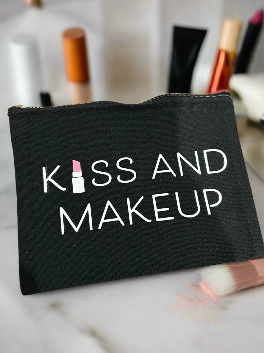 ✨ Kiss and Makeup Canvas Bag – 8"x5" | Cute Cosmetic Pouch with Lipstick Design