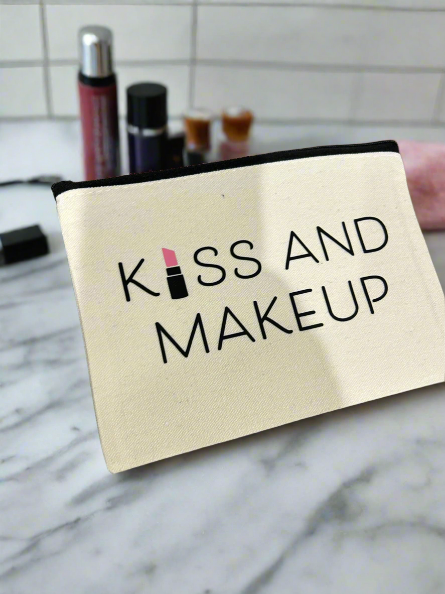 ✨ Kiss and Makeup Canvas Bag – 8"x5" | Cute Cosmetic Pouch with Lipstick Design