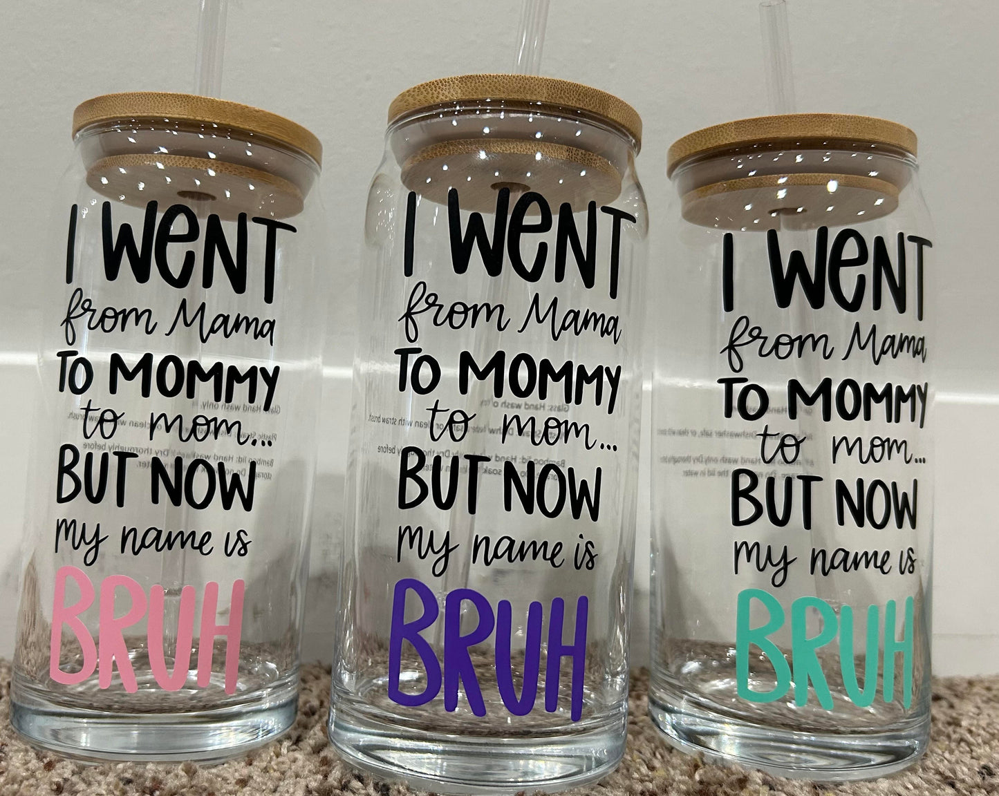 Glass Tumbler with Bamboo Lid β "Bruh" Mom Life Cup