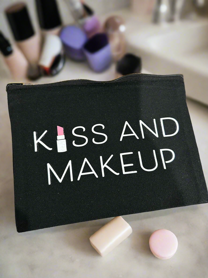 ✨ Kiss and Makeup Canvas Bag – 8"x5" | Cute Cosmetic Pouch with Lipstick Design