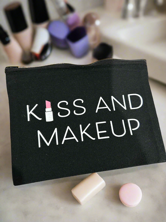 ✨ Kiss and Makeup Canvas Bag – 8"x5" | Cute Cosmetic Pouch with Lipstick Design