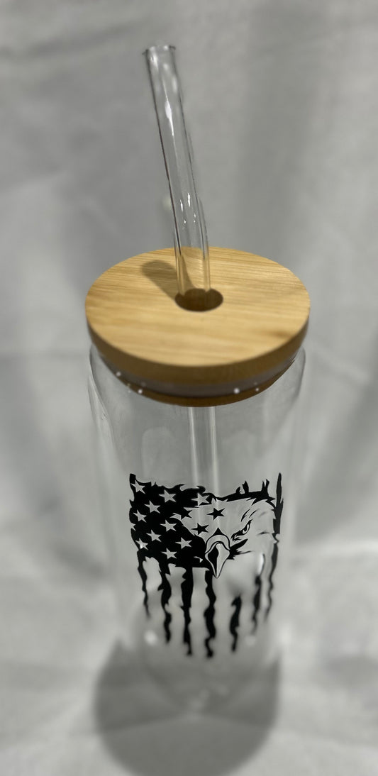 20oz Glass Tumbler with Bamboo Lid – American Flag & Eagle Design