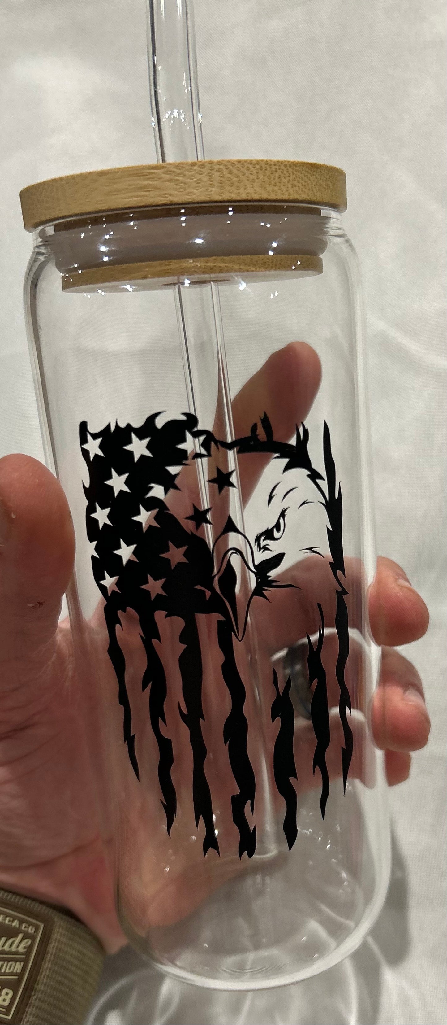 20oz Glass Tumbler with Bamboo Lid – American Flag & Eagle Design