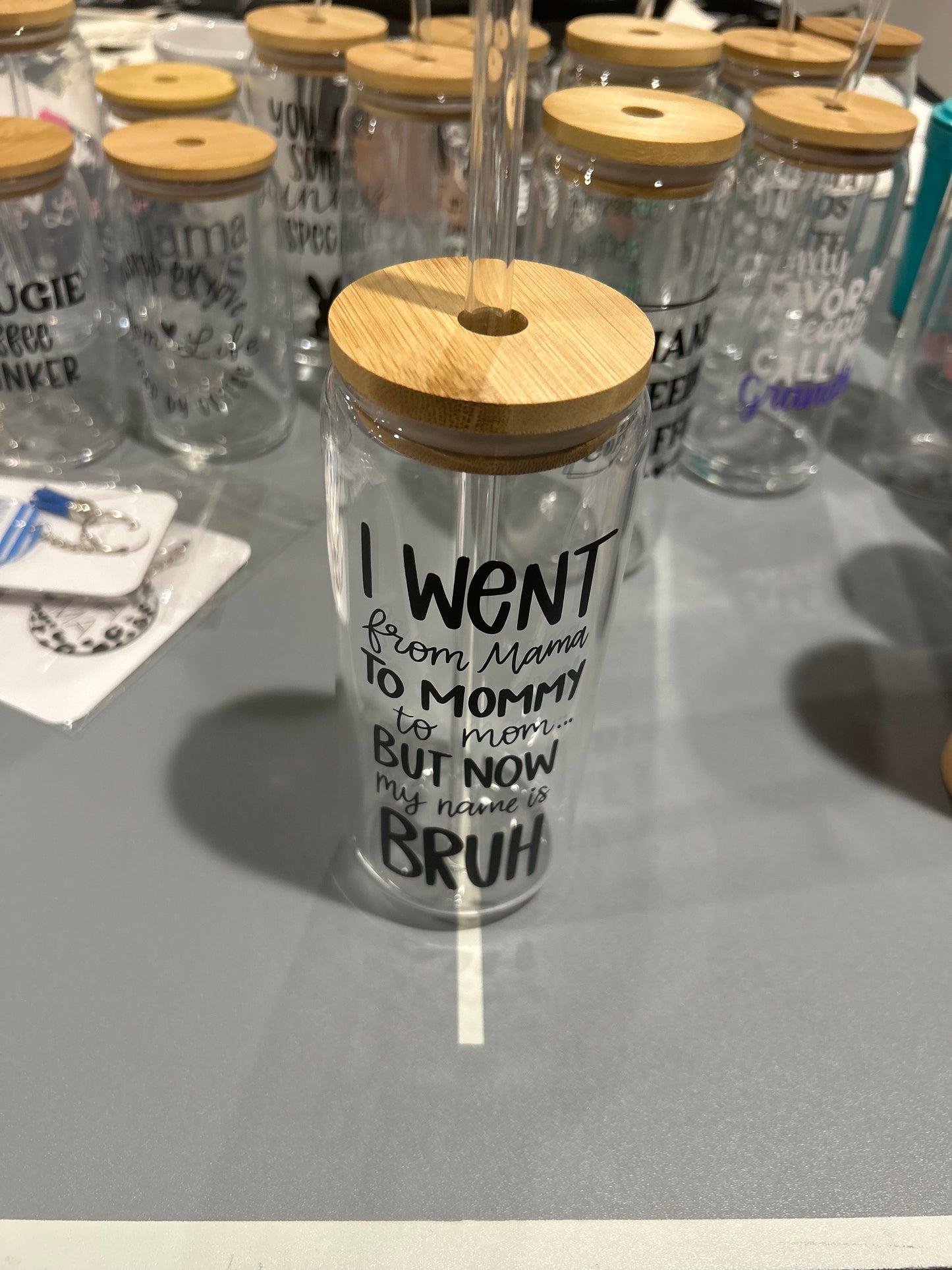 Glass Tumbler with Bamboo Lid β "Bruh" Mom Life Cup