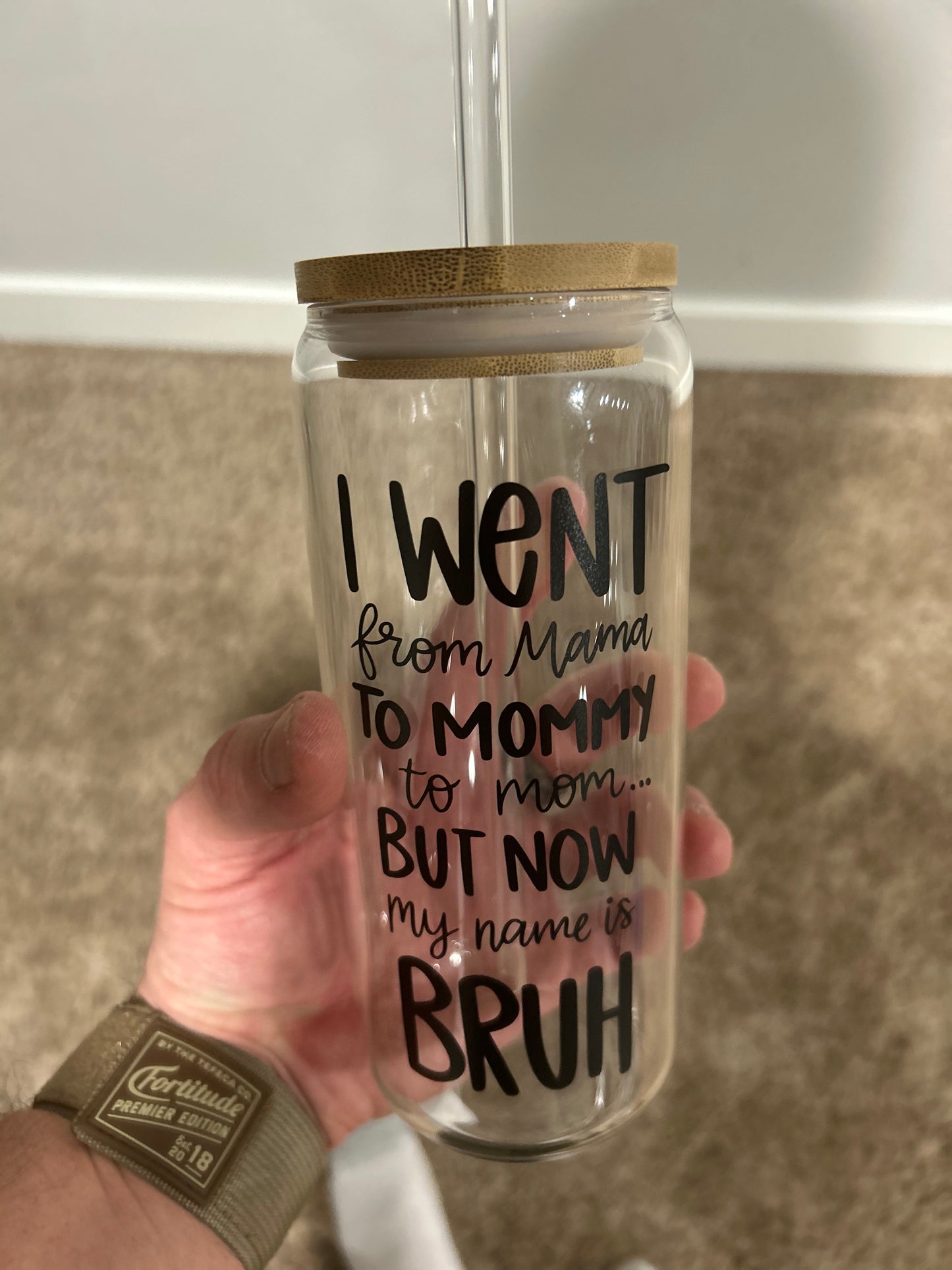 Glass Tumbler with Bamboo Lid β "Bruh" Mom Life Cup