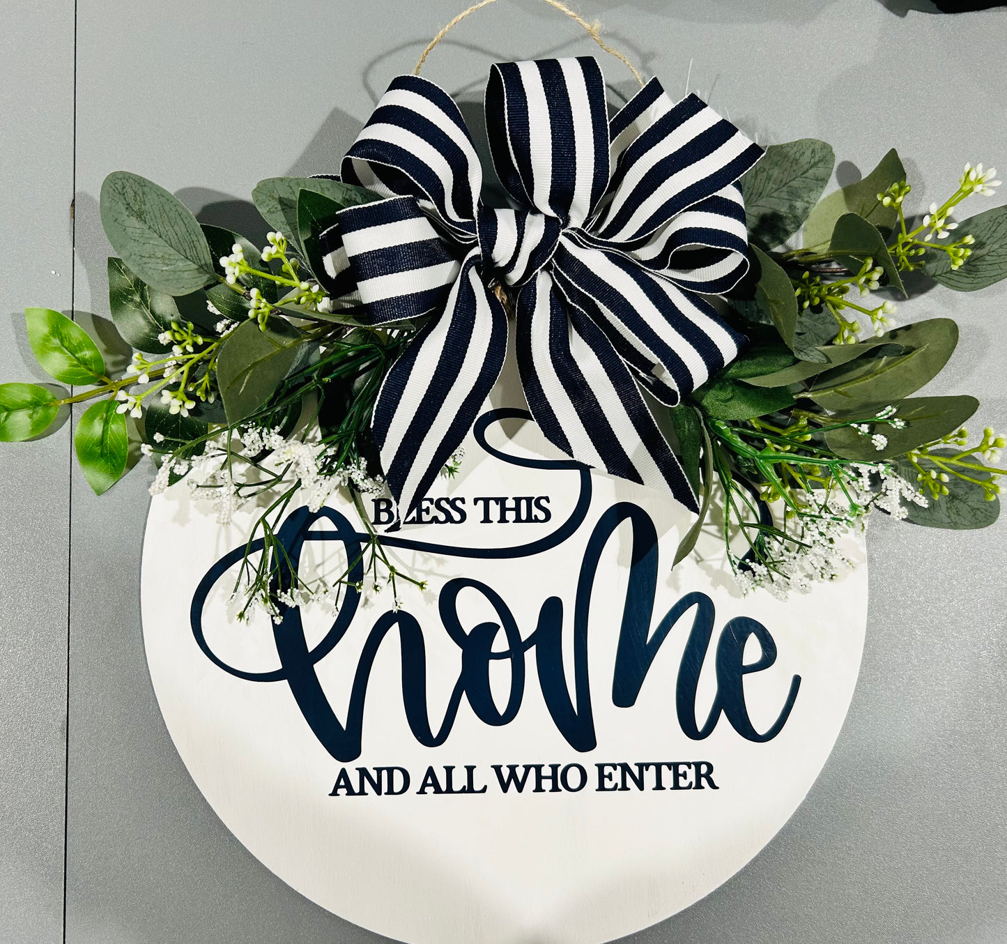 12x12 Circular "Bless This Home" Wooden Welcome Sign – Greenery Décor