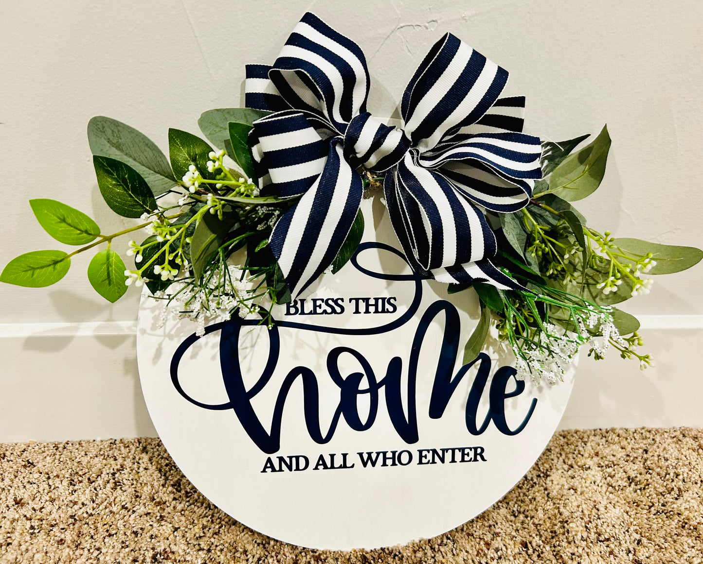 12x12 Circular "Bless This Home" Wooden Welcome Sign – Greenery Décor