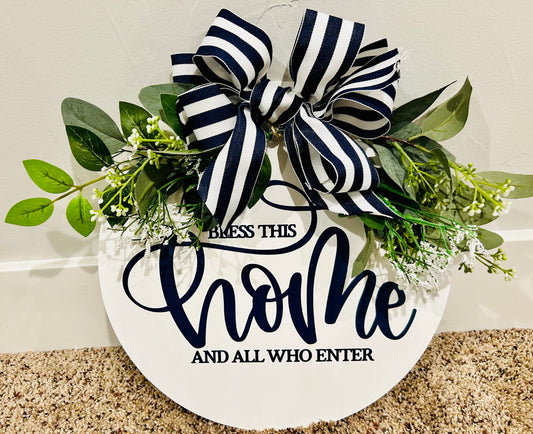 12x12 Circular "Bless This Home" Wooden Welcome Sign – Greenery Décor