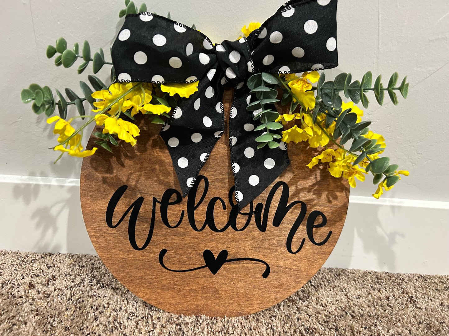 12x12 Circular "Bless This Home" Wooden Welcome Sign – Stained Wood with Greenery & Yellow Flowers