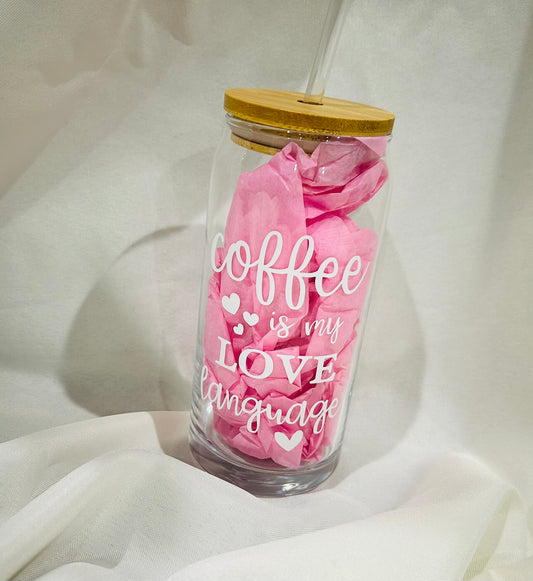 ☕ 20 oz Glass Tumbler with Bamboo Lid & Straw – “Coffee is My Love Language”
