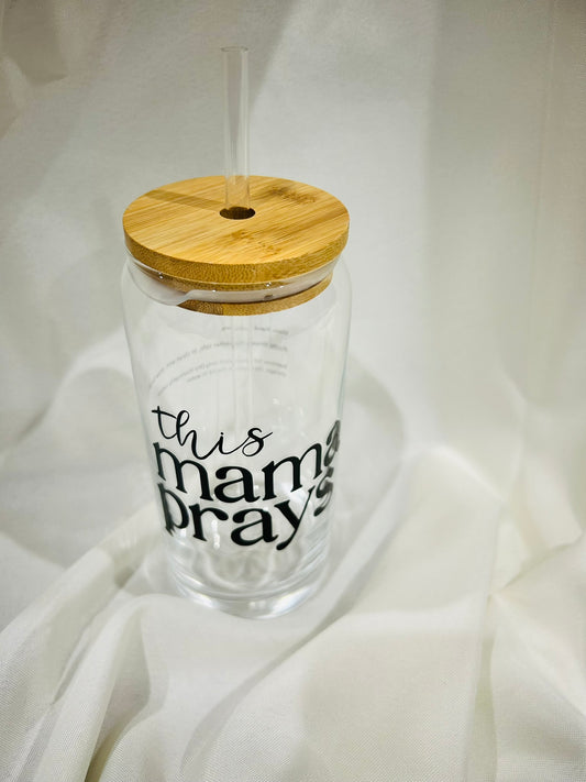 ☕ 20 oz Glass Tumbler with Bamboo Lid & Straw – “This Mama Prays”
