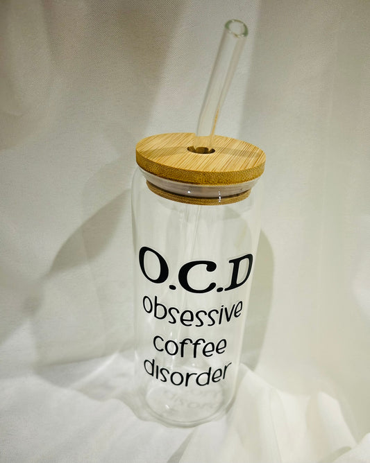 ☕ 20 oz Glass Tumbler with Bamboo Lid & Plastic Straw – “O.C.D: Obsessive Coffee Disorder”