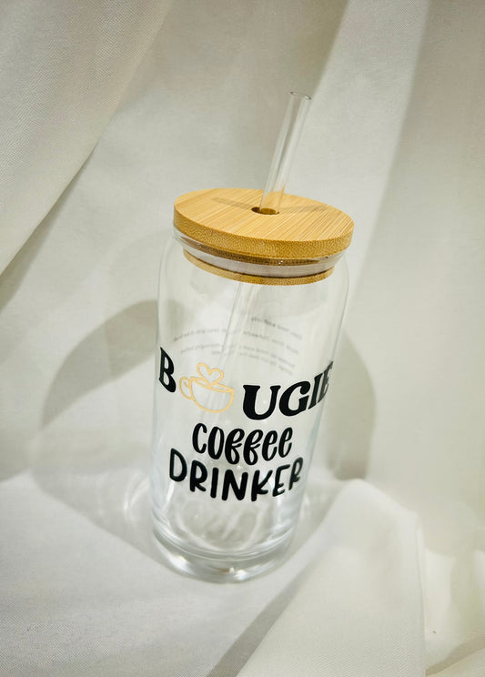 ✨ 20 oz Glass Tumbler with Bamboo Lid & Straw – “Bougie Coffee Drinker”