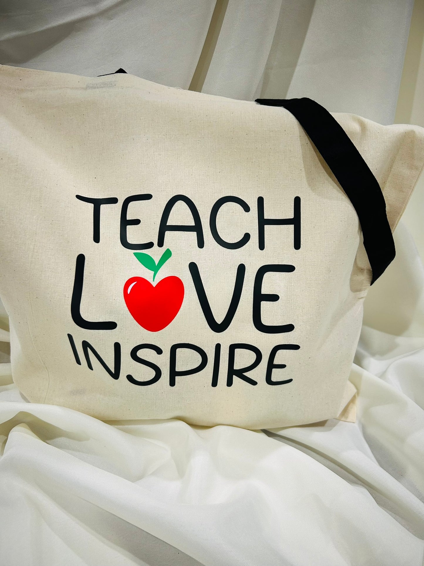 ✨ Teach Love Inspire – Cotton Tote Bag with Apple Design ✨
