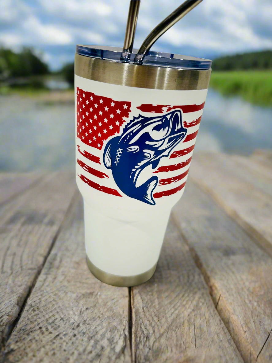๐ฃ 30oz Stainless Steel Double Vacuum Tumbler โ American Flag Bass Edition