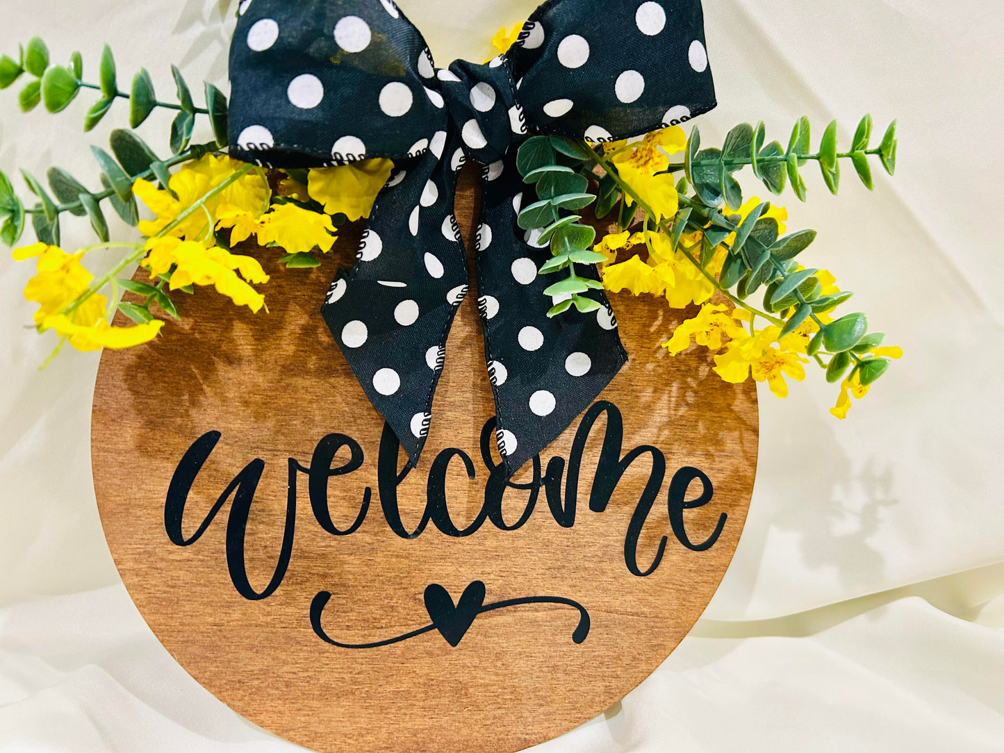 12x12 Circular "Bless This Home" Wooden Welcome Sign – Stained Wood with Greenery & Yellow Flowers