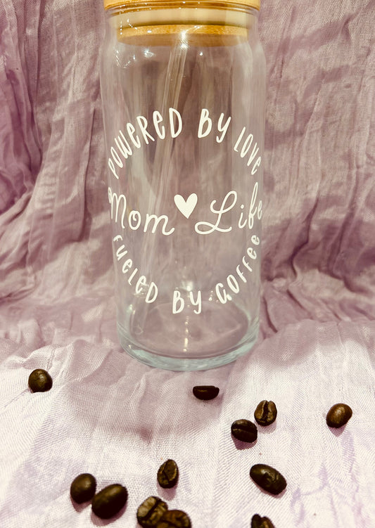 Powered by Love, Fueled by Coffee, Mom Life Glass Tumbler – Perfect for Moms! ☕❤️✨
