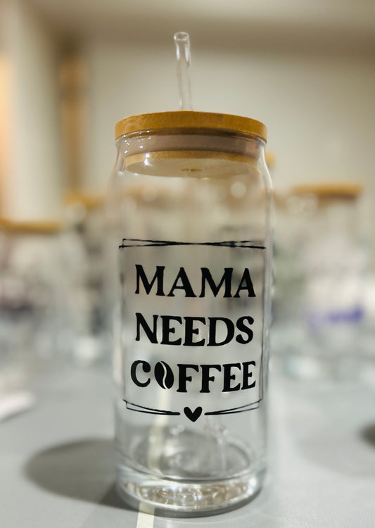 Mama Needs Coffee – 20 oz Glass Tumbler with Bamboo Lid & Straw