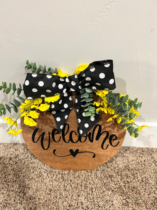 12x12 Circular "Bless This Home" Wooden Welcome Sign – Stained Wood with Greenery & Yellow Flowers