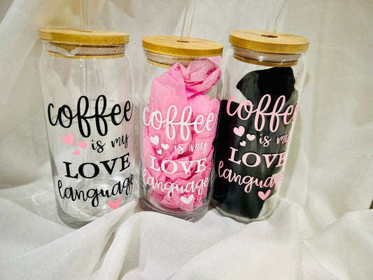 ☕ 20 oz Glass Tumbler with Bamboo Lid &amp; Straw – “Coffee is My Love Language”