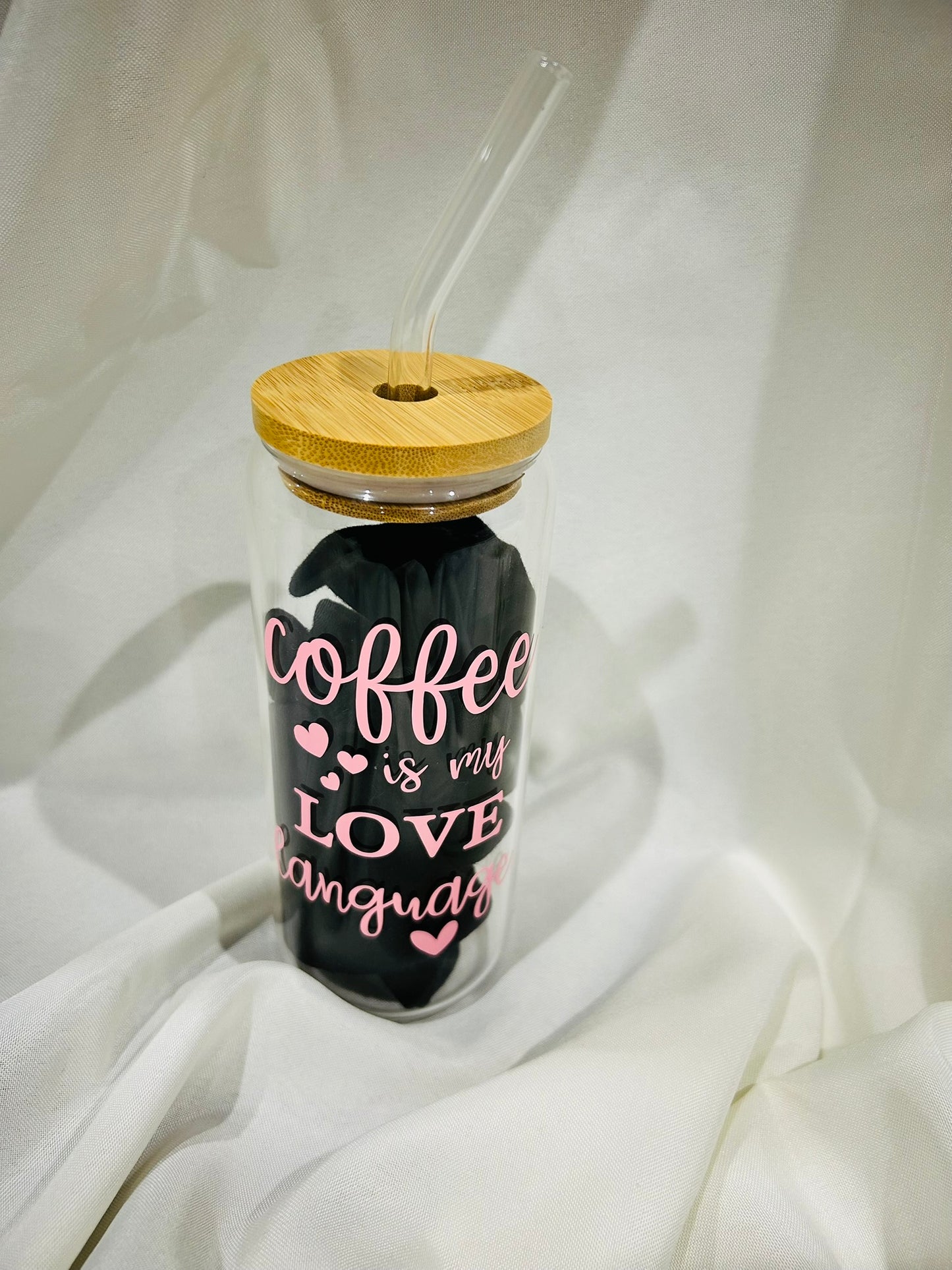☕ 20 oz Glass Tumbler with Bamboo Lid &amp; Straw – “Coffee is My Love Language”