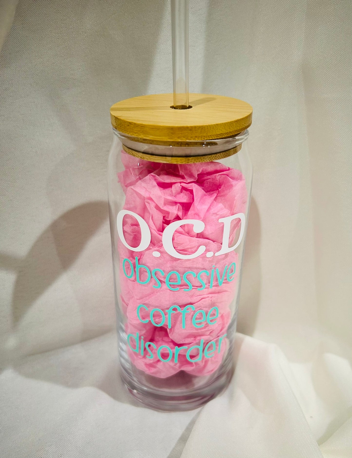 ☕ 20 oz Glass Tumbler with Bamboo Lid &amp; Plastic Straw – “O.C.D: Obsessive Coffee Disorder”