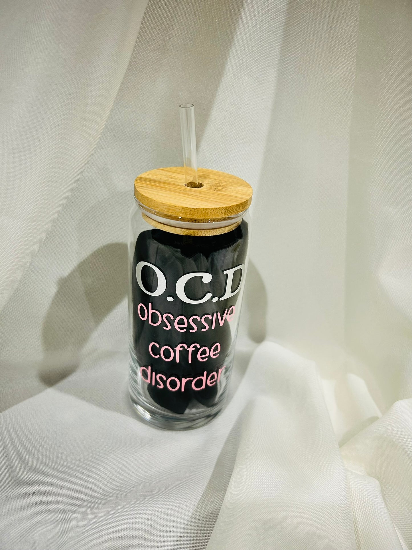 ☕ 20 oz Glass Tumbler with Bamboo Lid &amp; Plastic Straw – “O.C.D: Obsessive Coffee Disorder”