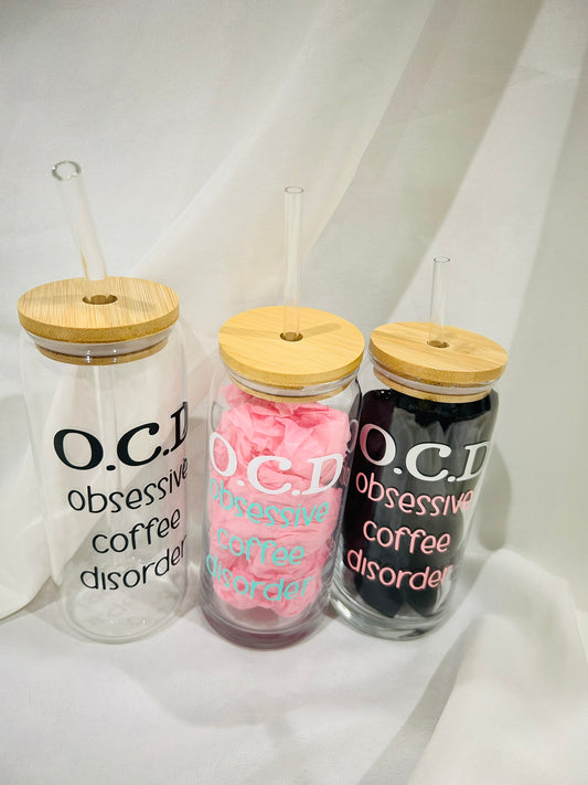 ☕ 20 oz Glass Tumbler with Bamboo Lid &amp; Plastic Straw – “O.C.D: Obsessive Coffee Disorder”